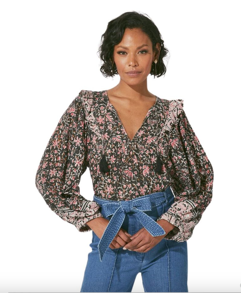 CLEOBELLA NWT Evereve Brynlee Black Pink Org Cotton Metallic Print Blouse // XL